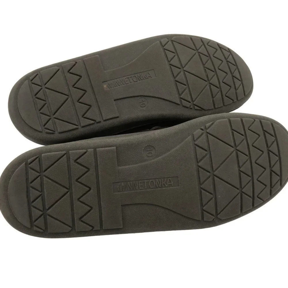 MINNETONKA Men's Dark Brown Suede Pile Lined Hardsole Moccasin Slippers 10